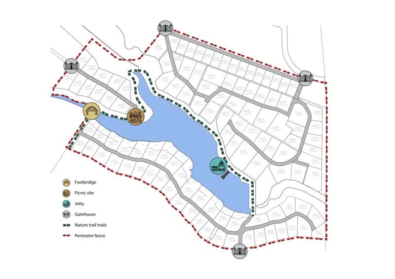 Estate plan: plots, dam, trails and gatehouses
